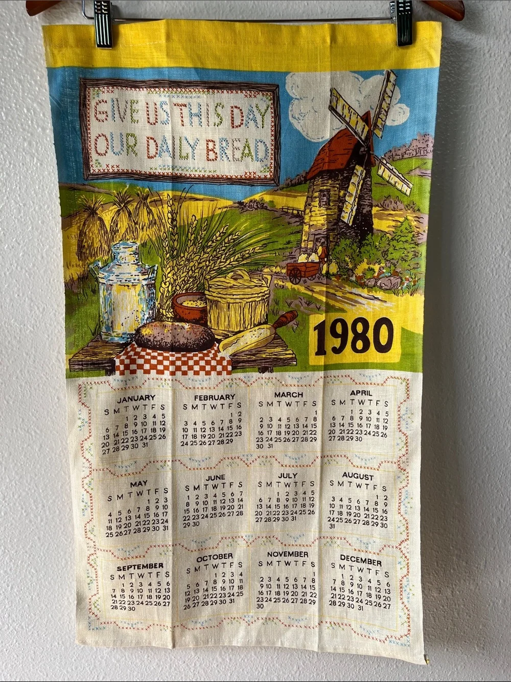 Vintage Tea Towel Fabric Wall Hanging 1980 Yearly Calendar Daily Bread
